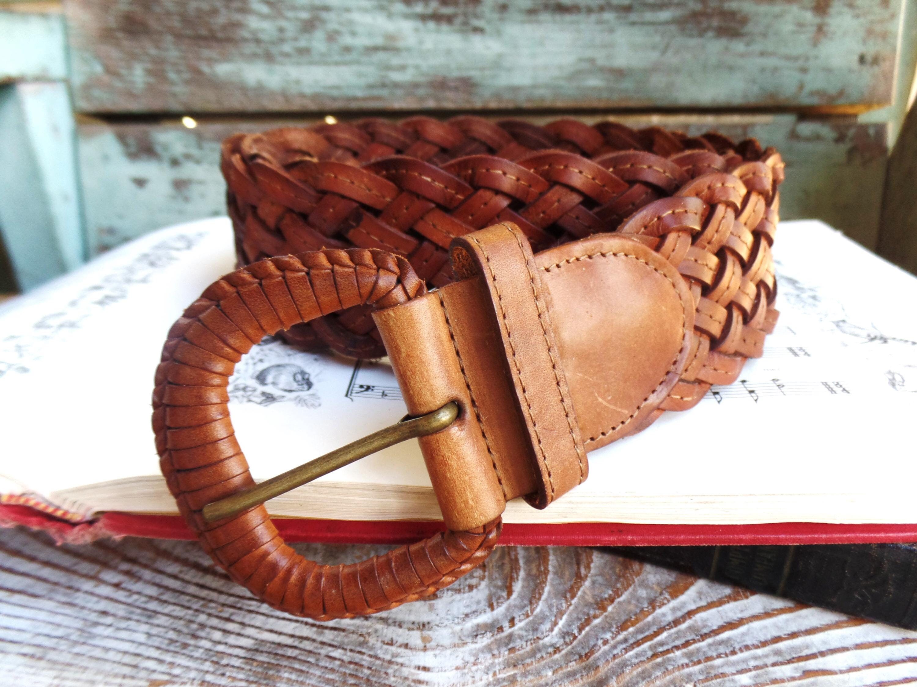 Vintage Brown Leather Braided Woven Belt With Large Buckle  display picture 3
