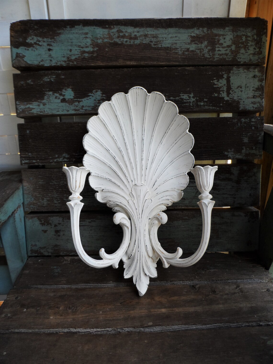 Vintage Shabby Chic Shell Candelabra Wall Sconce Double Candle Etsy