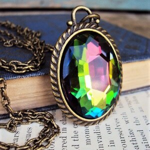 Large Iridescent Crystal Pendant Necklace Rivoli Style Vitrail Antique Brass Peacock Rainbow Color Changing Stone Long Chain Prism Glass image 2