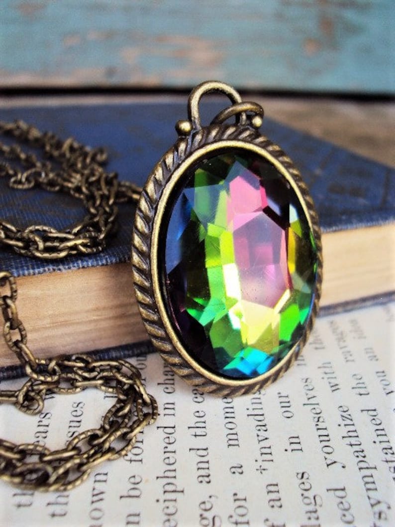 Large Iridescent Crystal Pendant Necklace Rivoli Style Vitrail Antique Brass Peacock Rainbow Color Changing Stone Long Chain Prism Glass image 2