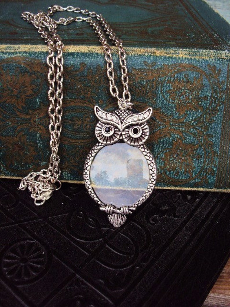 Vintage Style Owl Magnifying Glass Pendant Necklace Victorian Style Ornate Metal Reading Magnifier Antique Silver Long Chain image 2