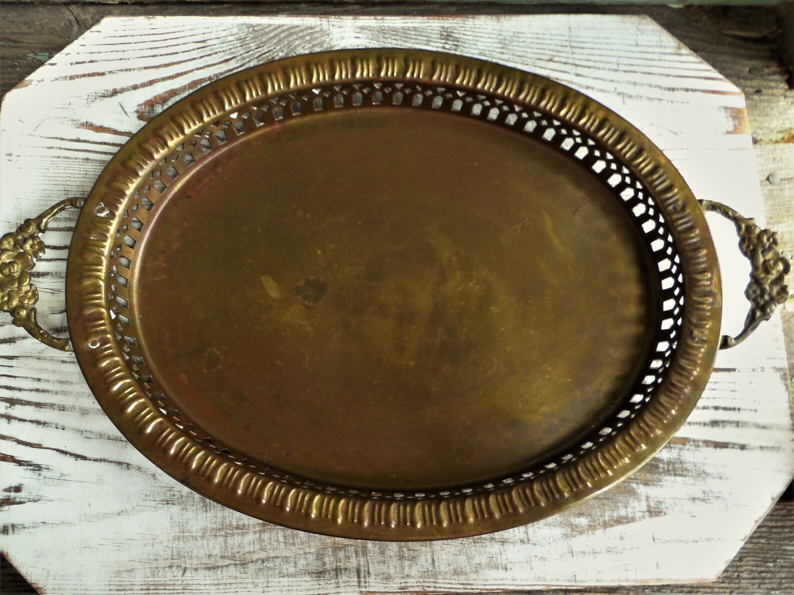 Vintage Brass Vanity Tray Pierced Edge Mid Century Floral Etsy