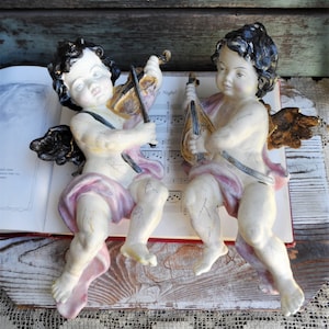 Vintage Large Angel Christmas Ornaments, Antique Gold, Shabby Chic, French Country Baby Cherubs, Ornate Baroque, Wings,  Musical Instruments