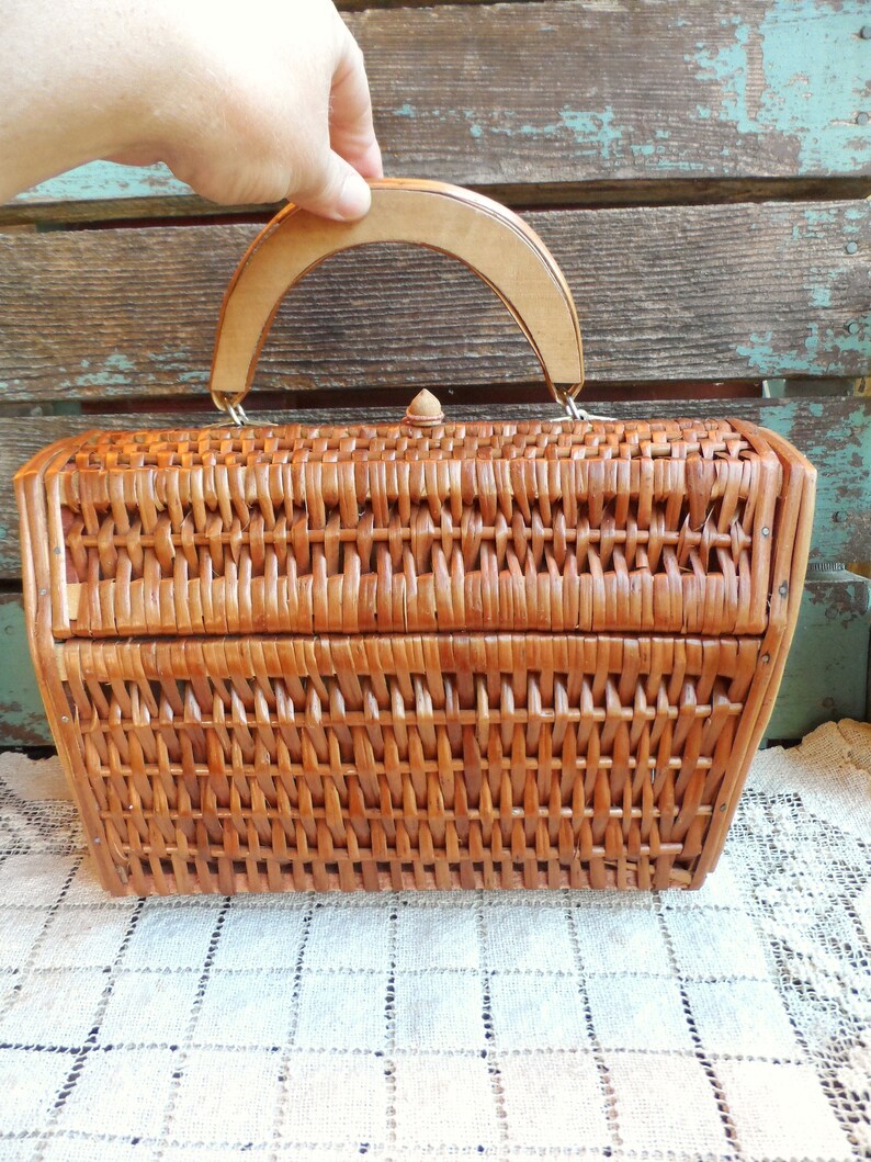 Vintage Mid Century Wood Basket Purse Handbag Tote Wooden Etsy