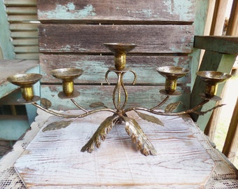 Vintage Metal Italian Candelabra, Gold Gilt Candleholders, Ornate Metal Leaf Candlestick Holder, French Country Decor, Mantel Display
