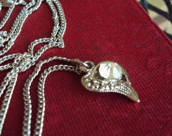 Vintage Dainty Necklace Pendant Heart with Marcasite and Large Rhinestone