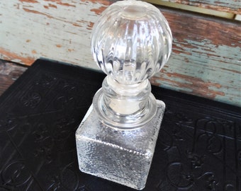 Vintage Perfume Bottle Art Glass Round Glass Stopper Bubbled Glass Mod Modernist 1960s 60s Jar Clear Glass Collectible