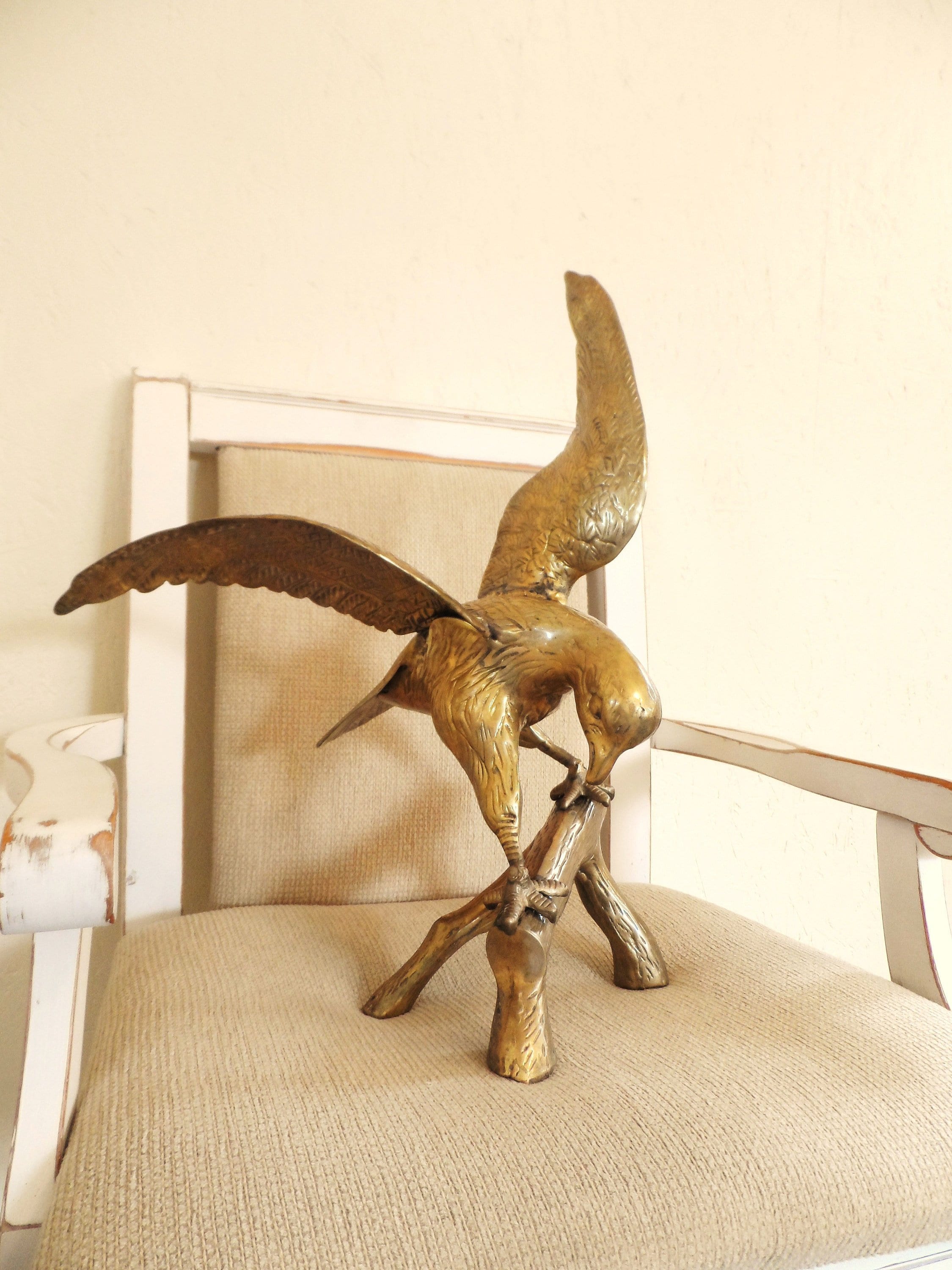 Vintage Large Brass Eagle On Tree Branch, Bird Statue Figure, Antique Hawk, Wings, Patriotic Bird, Mcm Ornate Brass