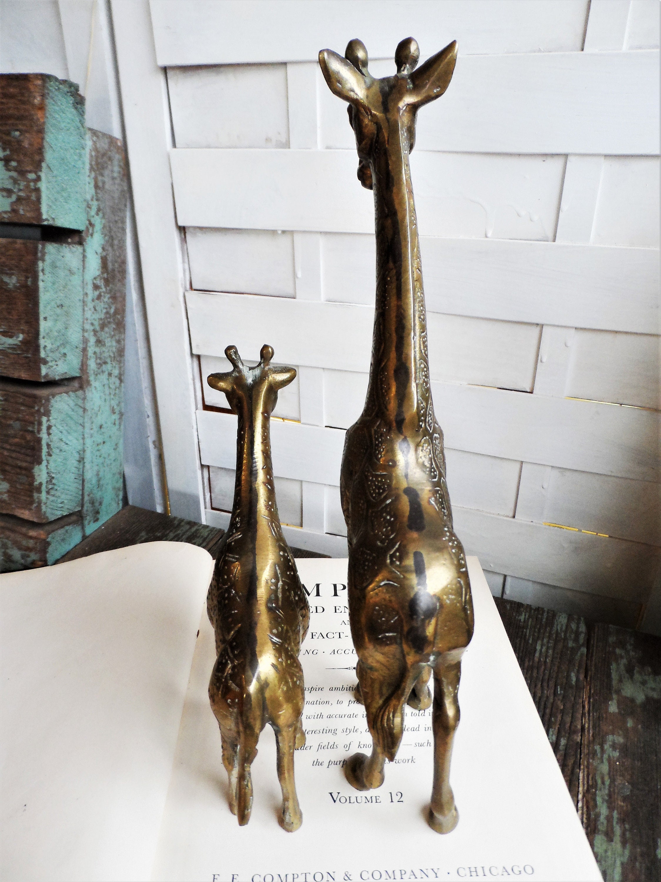 ヴィンテージ ソリッド 真鍮 キリン フィギュア 像 母と子 ミッド 