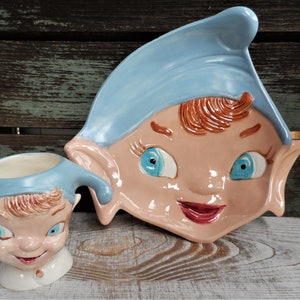 Vintage Christmas Elf Elves Cup and Saucer Plate Pottery Marked Wheelbarrow Symbol Mid Century Pale Blue Milk and Cookies Set Unique