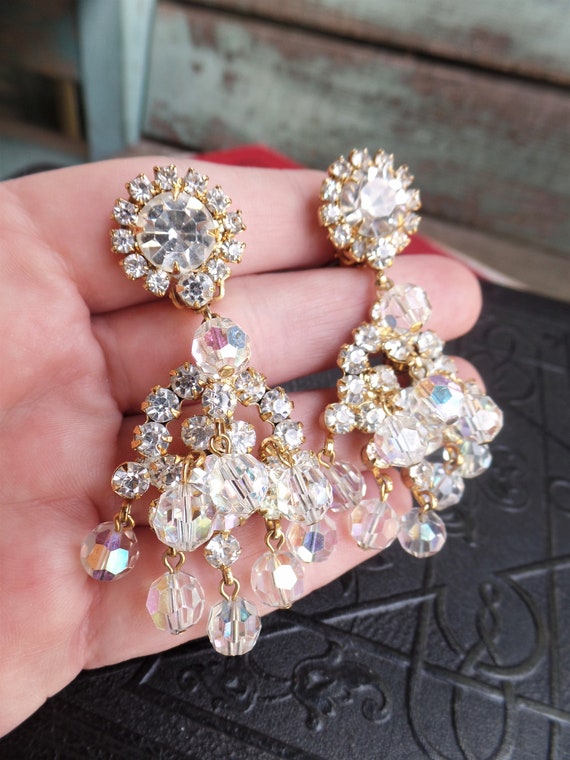 Vintage Chandelier Earrings Glass Faceted Rhinestones in Pronged