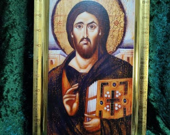 Handmade Jesus Christ Pantocrator Icon/Greek Orthodox Gold Foil Art/Handmade/religious