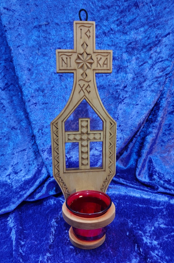 Handmade Wood Vigil Lamp: Orthodox Oil Lamp, Hand-sculpted Handmade Wood Vigil Lamp: Orthodox Oil Lamp, Hand-sculpted