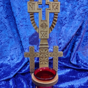 Handmade Wood Vigil Lamp: Sculpted Orthodox Oil Lamp/Religious