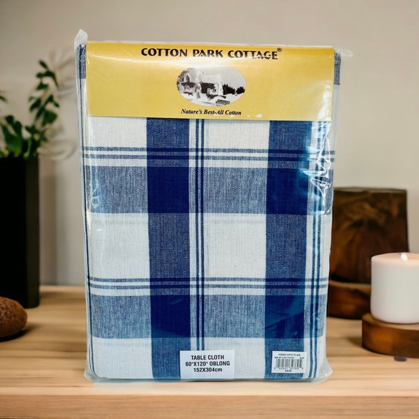 Cotton Park Cottage Tablecloth Blue Cafe Plaid 60" x 120" Oblong NEW Table Cloth