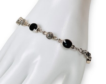 Vintage 925 Sterling Silver Bracelet 7-3/4" Black Onyx & Marcasite Art Deco Jewelry