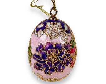 Beautiful Vintage Cloisonne Egg Ornament Pink Purple Cherry Blossom Flowers 2.5”