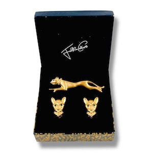 Vintage JACKIE COLLINS Panther Set In Box Brooch Pin & Clip Earrings Matte Gold