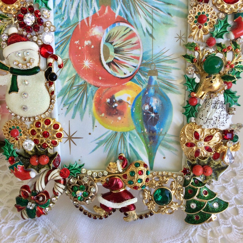 Jeweled Christmas Picture Frame Easel Back Vtg Red ...