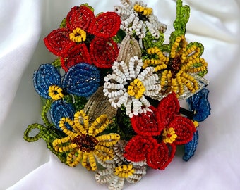 Vintage Seed Bead Flower Bouquet French Beaded Corsage Small Floral Arrangement