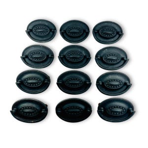 12 Vintage Matching Black & Brass Drawer Pulls Hepplewhite Drop Bail Oval 2.5” Centers