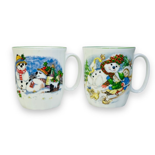 Vtg Springfield Mug Set of 2 Bone China Christmas Kitsch Snowman Sled Staffordshire England
