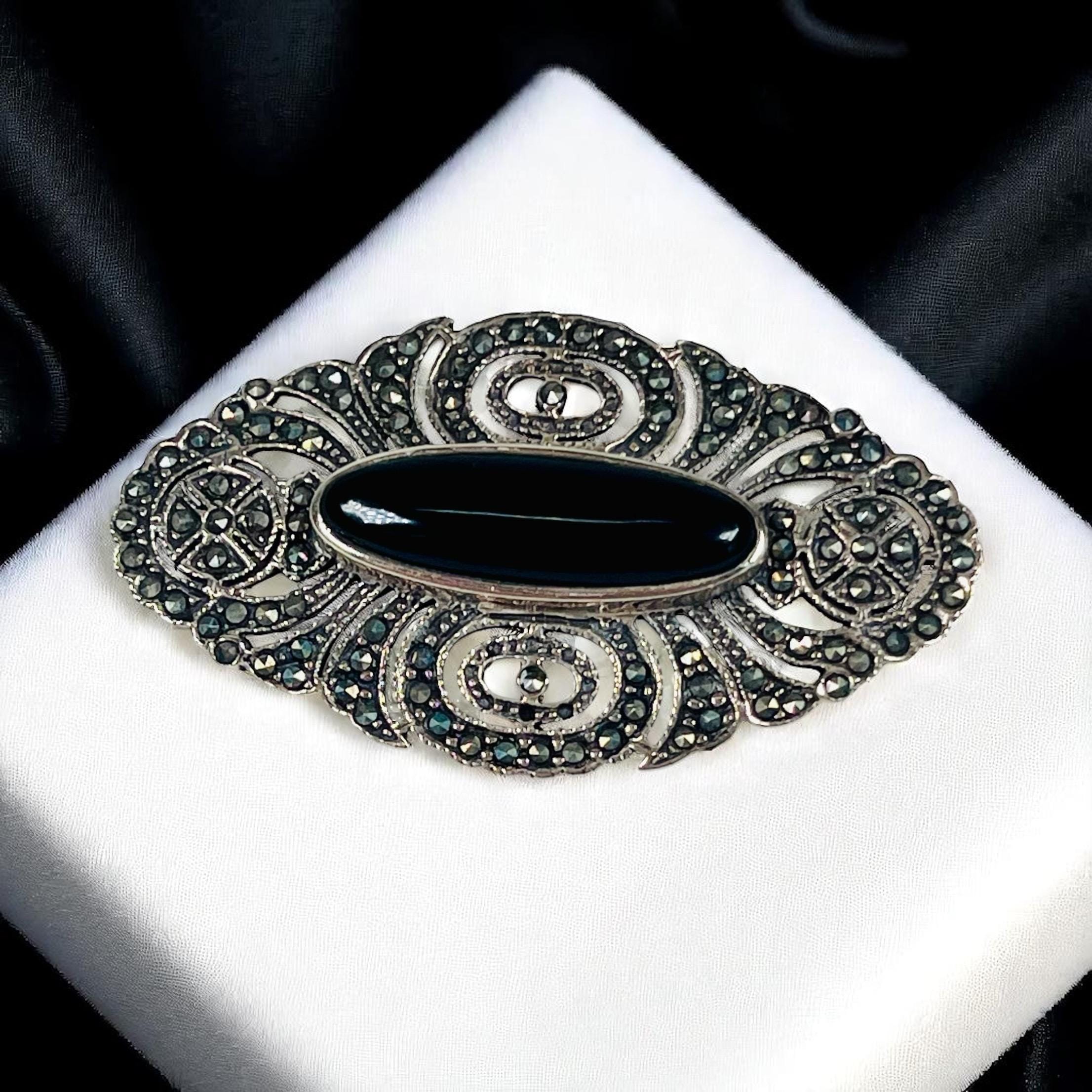 アクセサリー vintage silver925 onyx brooch Vtg SHA Art Deco Style 925 Silver Black Onyx Marcasite