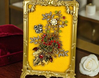 Vintage Floral Spray Jewelry Art Framed Tabletop Decor Rhinestones Mid Century Ornate Gold Metal Footed Frame