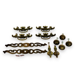 Vintage Chippendale Batwing DRAWER PULLS Drop Bail Handles Brass Plate 2.5” Centers Brass Backplates Knobs Lot
