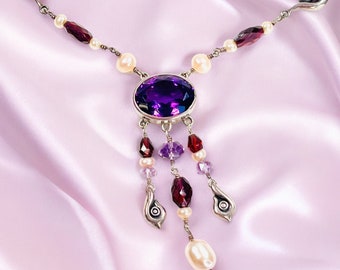Vintage Sterling Silver 925 Bezel Set Amethyst Pearls & Purple Crystal Bead Dangle Necklace