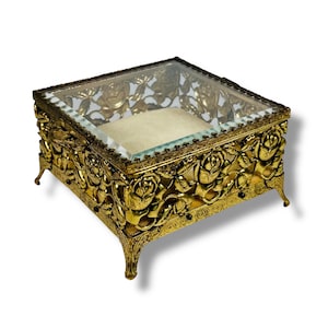Vintage Pierced Gold Metal Jewelry Casket Box Roses Beveled Glass Top 4” Square