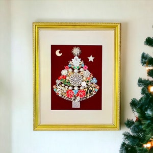 Vintage Jewelry Art Christmas Tree Ornate Framed Wall Decor Rhinestones Mid Century
