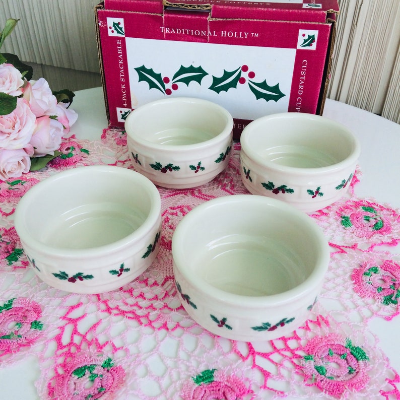 Longaberger Pottery Stackable Custard Cup Traditional Holly Made in USA