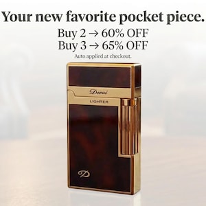 May include: A rectangular lighter with a gold-coloured frame and a dark brown, tortoiseshell-patterned body. The lighter has the brand name "Derui" and the word "Lighter" printed on it. The text "Your new favourite pocket piece" is also visible.