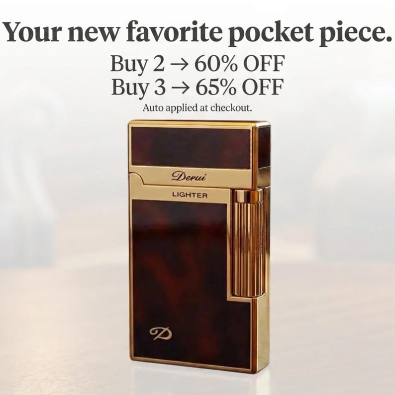 May include: A rectangular lighter with a gold-coloured frame and a dark brown, tortoiseshell-patterned body. The lighter has the brand name "Derui" and the word "Lighter" printed on it. The text "Your new favourite pocket piece" is also visible.