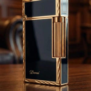 May include: A rectangular black and gold lighter with the word "Derui" in cursive script. The lighter has a glossy black finish with gold trim and a textured gold cylindrical component.