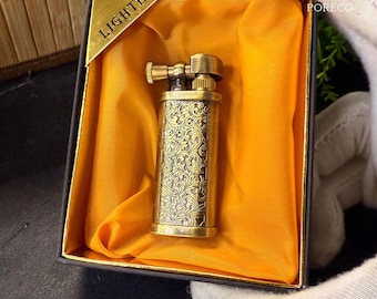 Vintage messing aansteker – goudgegraveerd zakstuk, cadeau in retrostijl voor hem, klassiek ontwerp