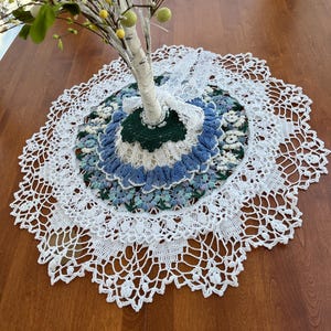 Spring Tabletop Tree Skirt, White with Blue Flowers Cotton Doilies, Mini Tree Skirt, Easter or Small Tree Skirt, Mantle Scarf, Made in USA