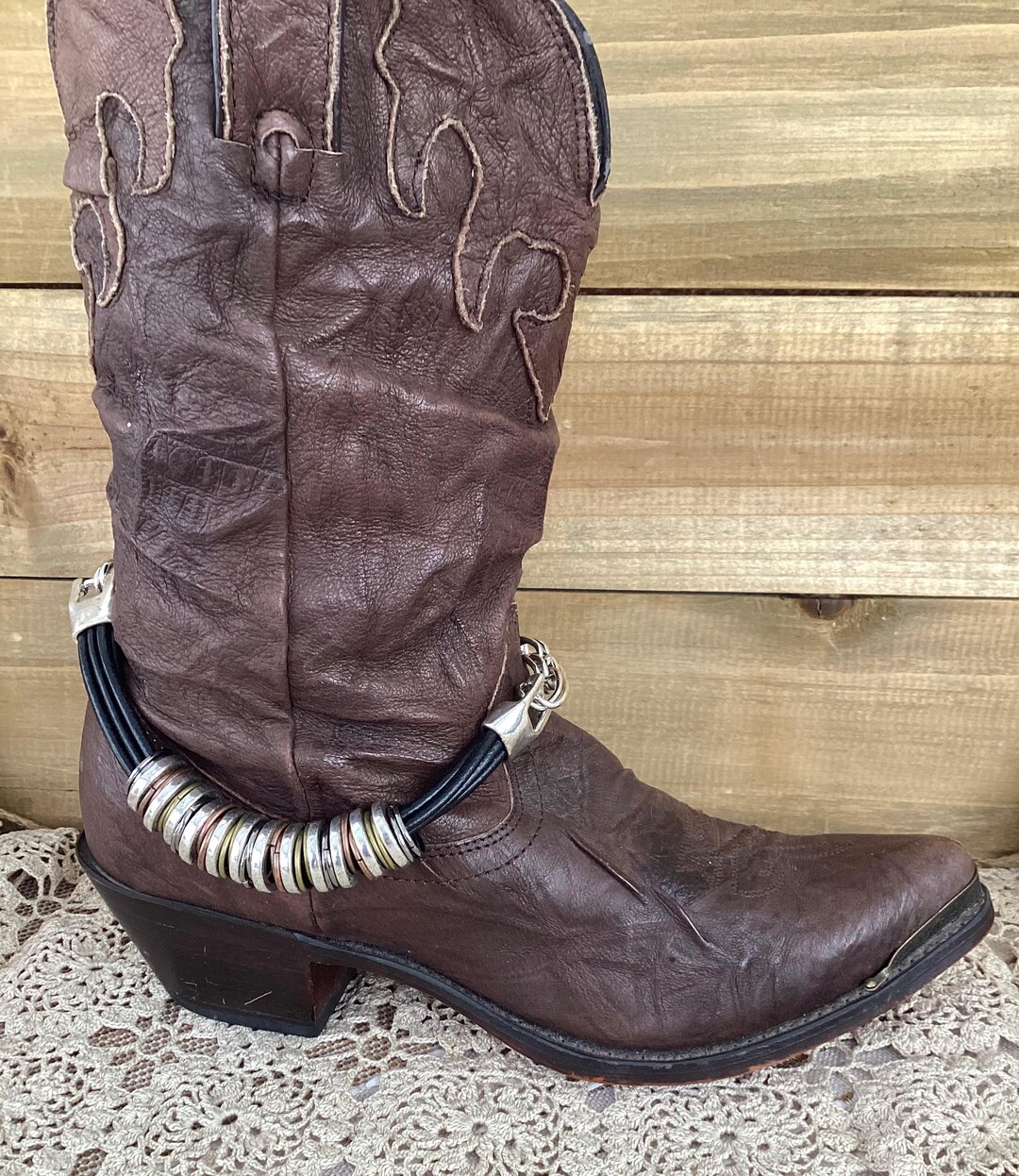Boot Bracelet Silver Rings on Leather Multi Strand Leather Boot Jewelry Boot Bracelet boot Bling repurposed Upcycled Made in USA Etsy