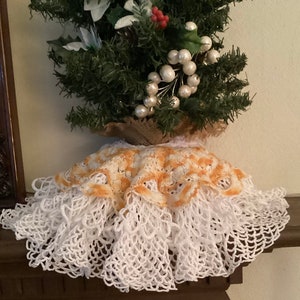 Christmas Tabletop Tree Skirt, Tabletop, Vintage White & Gold Cotton Doilies, Spring Tree Skirt, Doll Cape or Cloak, Made in USA