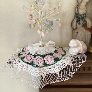 Tabletop Tree Skirt, White with Pink Flowers Cotton Doilies,Mini Tree Skirt, Easter or Spring Small Tree Skirt, Doll Cape,Cloak, Made in USA