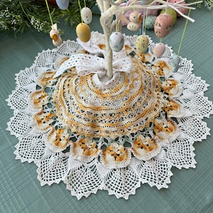 Tiny Tabletop Tree Skirt, Tabletop, Vintage White & Gold Cotton Doilies, Christmas, Spring Tree Skirt, Doll Cape or Coat, Made in USA