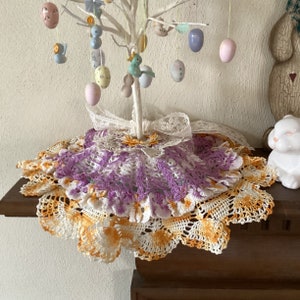 Spring Tabletop Tree Skirt, Vintage Winter White, Lilac & Gold Cotton Doilies, Easter, Spring Tree Skirt, Doll Cape or Cloak, Made in USA