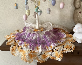 Vintage Crocheted Spring Tree Skirt, Lilac & Gold Doilies, 15” Easter Decor