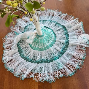 Small Tabletop Tree Skirt, Vintage White Cotton crocheted Doilies, Aqua Christmas, Christmas or Spring Tree Skirt, Repurposed, Made in USA