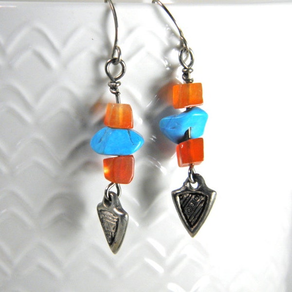 Sterling dangle earrings,turquoise, carnelian, sterling silver triangle charm, sterling earwire. boho, hippie chic,natural stone