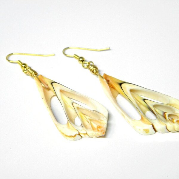 Sliced Chambered Sea Shell Earrings, Beach Wedding, Dangle, Rustic, Primitive, Boho, Ethnic, Tribal, Beige, White,  Gastropod, 14Kgold Fill