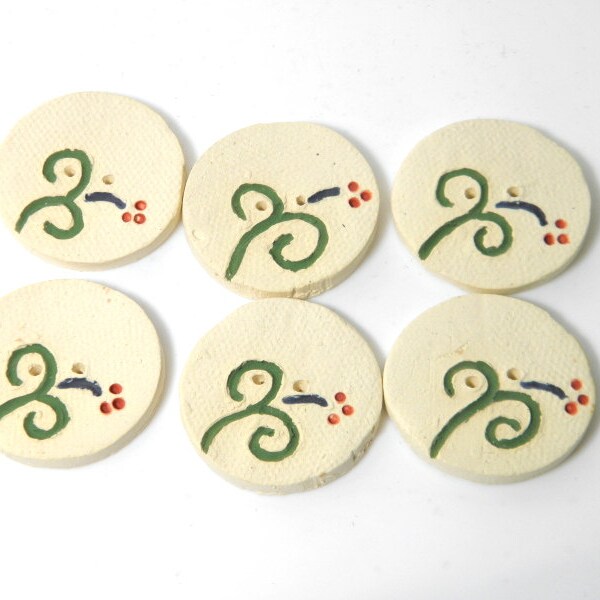 Round ceramic buttons,  imprint button beads, floral design, white green red, supply for sewing, bracelets, earrings, necklaces