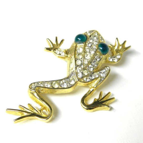 Rare Sarah Convetry Brooch, Rhinestone Frog Pin, Green Eyed Frog PIn, Vintage 1960's Brooch, Golden Ice Frog, Collectable