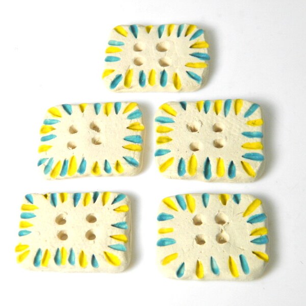 Ceramic buttons, square imprint button beads, geometric design, white teal yellow, supply for sewing, bracelets, earrings, necklaces